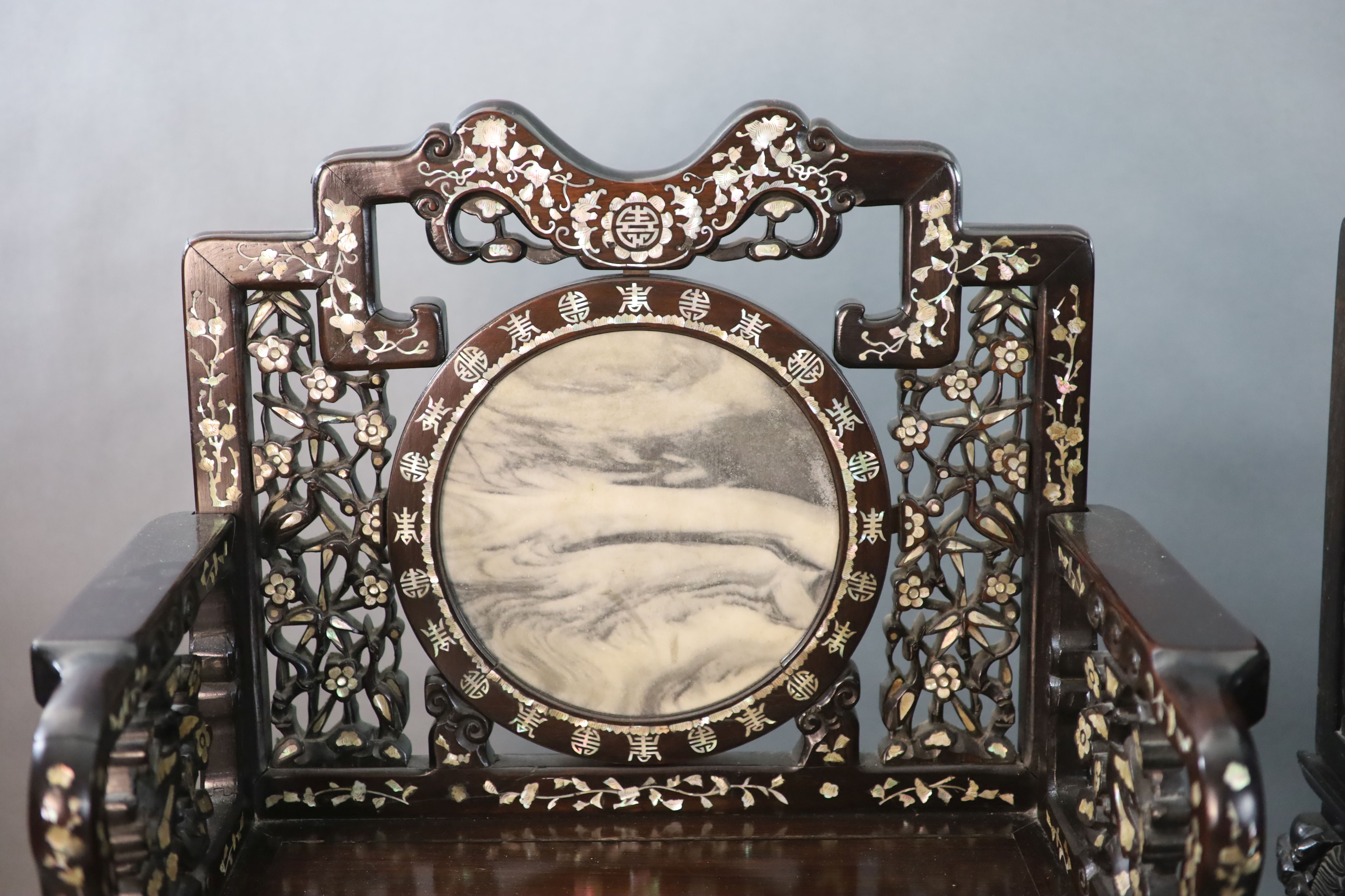 An impressive pair of Chinese hongmu and mother of pearl inlaid throne armchairs, c.1910, 70cm wide, 103cm high, Provenance - A. T. Arb